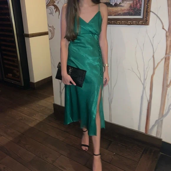 slim fit dress slacks Zara Green Puff Sleeve Midi Dress